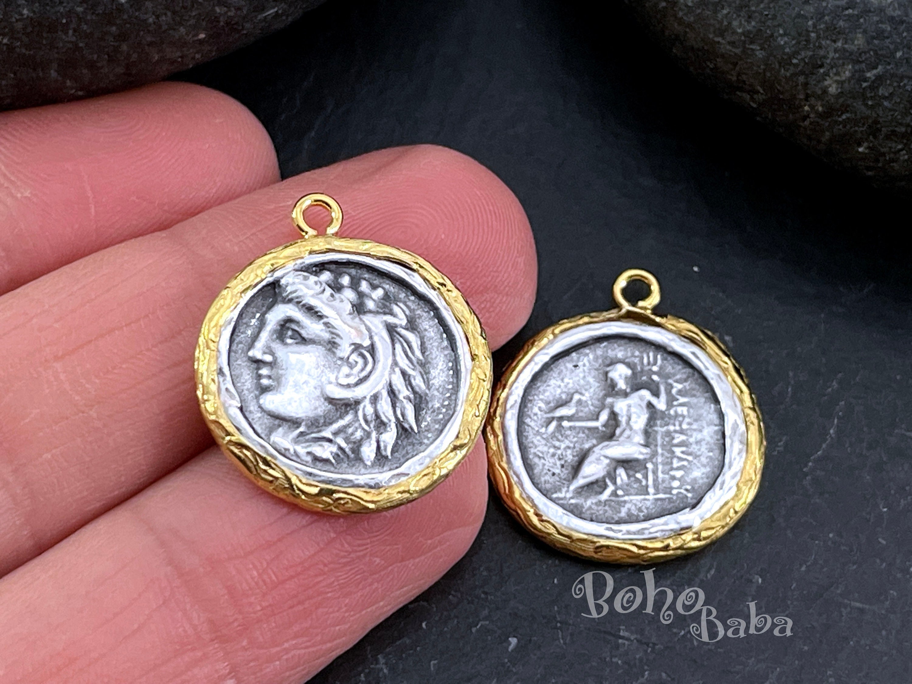 Silver Greek Coin Pendant Alexander The Great Coin Pendant Ancient Coin Charm Medallion Jewelry Findings