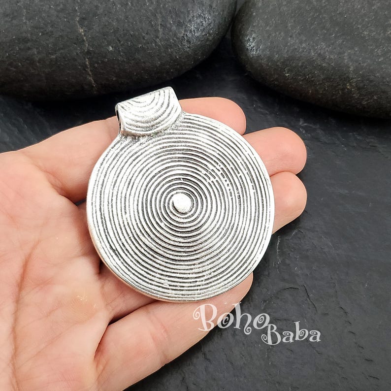 Large Silver Disc Pendant, Round Pendant, Silver Findings, Mandala Necklace, Large Silver Medallion, Tribal Pendant, Ethnic, Tribal Jewelry image 2