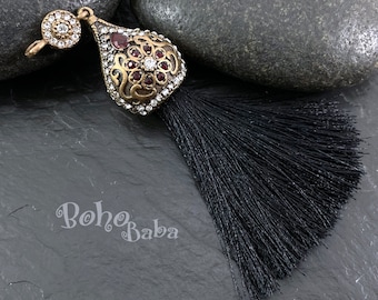 Black Silk Tassel Pendant with Antique Bronze Pave Tassel Cap, Boho Tassel Necklace