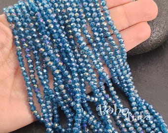 4 mm ファセット クリスタル ロンデル ビーズ ストランド、透明ティール ブルー AB クリスタル ビーズ