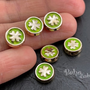 Shiny Gold Plated Green Enamelled Clover Spacer Charms, Double Sided Clover Spacer Beads, 3 Pc