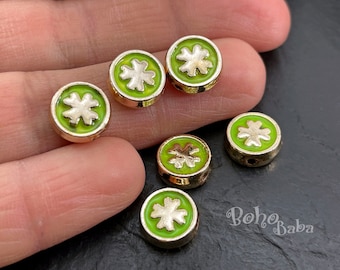 Shiny Gold Plated Green Enamelled Clover Spacer Charms, Double Sided Clover Spacer Beads, 3 Pc
