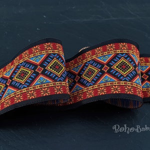 Ruban jacquard, Ruban tissé brodé, Bordure large, Bordure jacquard, 50 mm de large, Ruban ethnique, Ruban à motif tribal, 1 mètre - 1,09 yard
