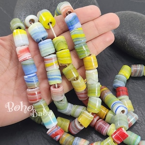 Marbled Glass Tube Beads, Traditional Turkish Artisan Handmade Large Hole Glass Cylinder Beads, 10pc