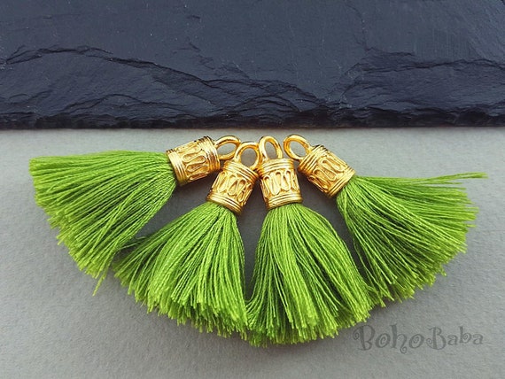 Tassel Earrings on Gold tone Metal Disc Green Olive,Dangle Drop Earrin –  Urban Flair USA