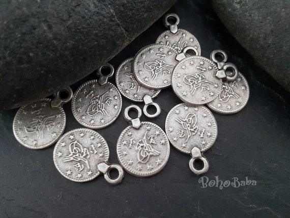 10 Pc Mini Coin Charms Silver Coins Mini Coin Charms Turkish Jewelry Rustic Coins Coin Pendants Coin Findings Coin Charms Etsy