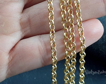 Gold Rolo Chain, Gold Plated Chain, Unsoldered Link, Matte Gold Plated, Necklace Chain, Bracelet Chain, Belcher Chain, 3.50mm, Rolo Chain