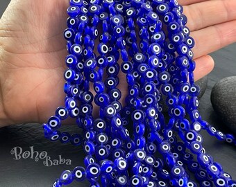 Blue Evil Eye Beads, Lampwork Evil Eye Beads, 8mm Glass Beads, 1 Strand (48 Pieces)