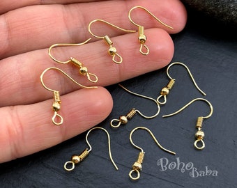 Ganchos para pendientes chapados en oro brillante, piezas en blanco para pendientes de oro, alambres para pendientes con forma de anzuelo de pescado, accesorios para pendientes de oro