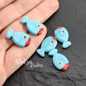 Handmade Murano Blue Fish Bead, Glass Red Fish Charm, 1pc