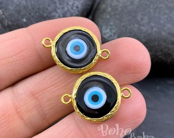 Gold Plated Handmade Murano Evil Eye Connector Charm, Black Glass Evil Eye Charms