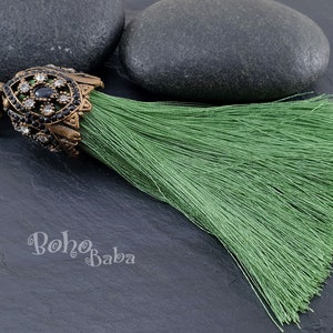 Large Tassel, Green Silk Tassel Pendant, Antique Bronze Cap, Tassel Necklace, Tassel Accessories, Bohemian Jewelry, Turkish Jewelry