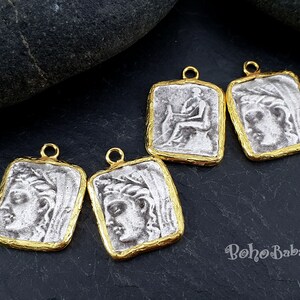Rustic Greek Pendant, Silver Coin Charm, Ancient Greek Coin, Medallion Necklace, Athena Pendant, Large Coin, Square Coin Charm