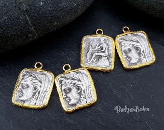 Rustic Greek Pendant, Silver Coin Charm, Ancient Greek Coin, Medallion Necklace, Athena Pendant, Large Coin, Square Coin Charm