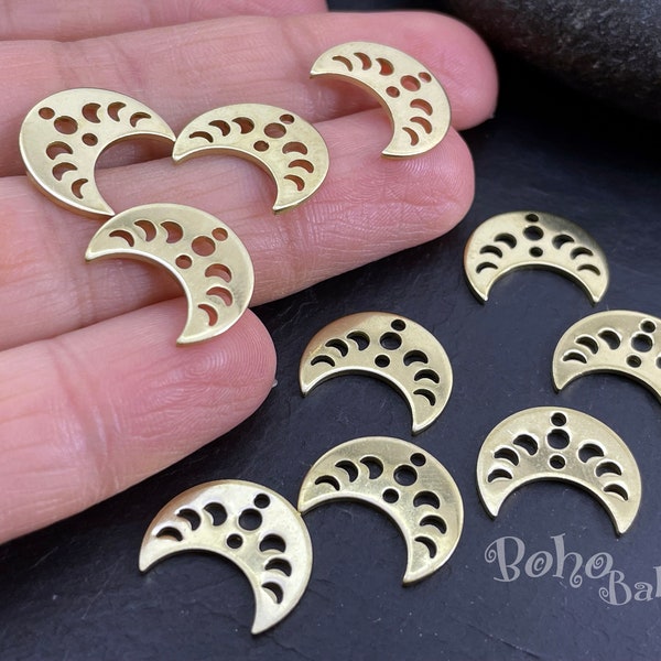 Brass Moon Phases Charms, Raw Brass Crescent Charm, Earring Blanks Charms, Brass Moon Pendant, Moon Connectors, Brass Earring Findings, 12Pc