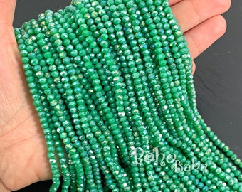 4mm Faceted Crystal Rondelle Bead Strands, Opaque Jade Green AB Crystal Beads