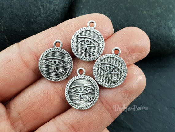 Silver Plated Eye of Horus Charm Pendant, Egyptian Medallion (4 Pc)