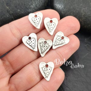 Antique Silver Plated Heart Charms, Hammered Tribal Heart Charms, Mini Heart Pendants, 6 Pc