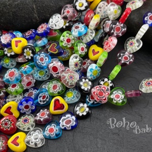Millefiori Perlen im Murano Stil, 10 mm flache Herzform Blumen Perlen, handgemachte bunte Glasurperlen, 1 Strang (38 Perlen)