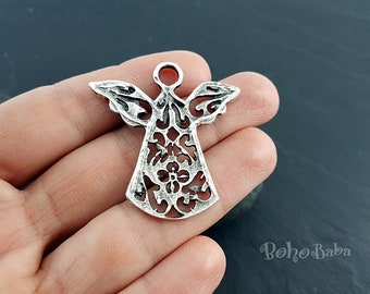 Antique Silver Plated Brass Angel Charms, 2 Pc