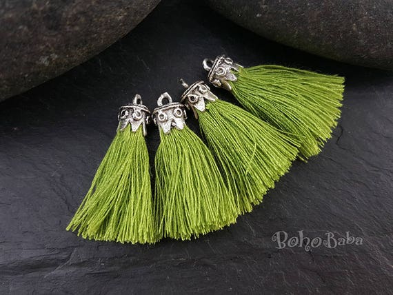 Olive Green Mini Cotton Tassels, Tassel Jewelry, Mini Boho Tassels, Tassel  Bracelet, Antique Silver Plated, Mini Tassels Earring Tassels