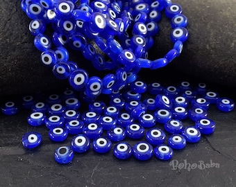 Blue Evil Eye Beads, Lampwork Beads, 6mm Glass Evil Eye Beads, Flat Round Evil Eye Beads, UK Beading Supply, Evil Eye Jewelry, 40Pc