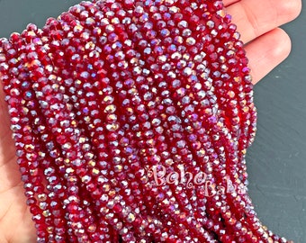 4mm Faceted Crystal Rondelle Bead Strands, Transparent Red AB Crystal Beads