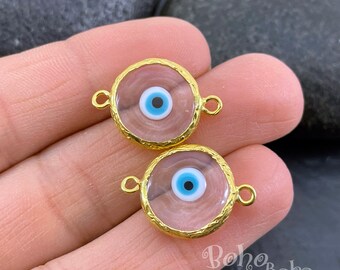 Gold Plated Handmade Murano Evil Eye Connector Charm, Clear Glass Evil Eye Charms