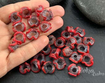 Artisan Handmade Red Glass Flower Beads, Traditional Turkish Glass Daisy Beads, Clover Glass Beads, 10pc
