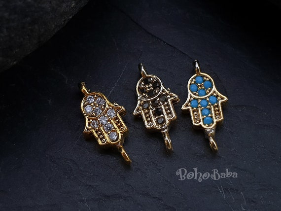Tiny Hamsa Charm, Blue Zirconia Charms, Tiny Pave Connector, Dainty Gold Bracelet, Pave Connector Charm, Pave Hamsa Bracelet, Bridal Jewelry