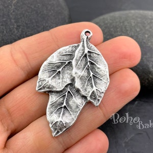 Silver Leaf Pendant, Large Leaf Branch Charm, Oak Leaf Pendant, Silver Leaf Charm, Silver Leaf Findings