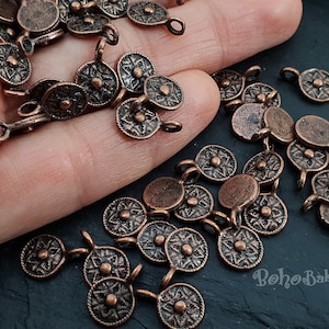 Copper Coin Charms, Tribal Mini Coin Charms, Round Drop Charms, Beading Charms, Coin Findings, 10 Pc