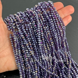 4mm Faceted Crystal Rondelle Bead Strands, Transparent Purple AB Crystal Beads