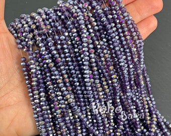 4mm Faceted Crystal Rondelle Bead Strands, Transparent Purple AB Crystal Beads