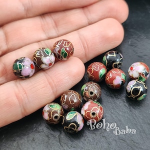 Handmade Cloisonne Ball Beads, Floral Enamel Round Brass Beads, Vintage Style Cloisonne Spacers, 1 Pc