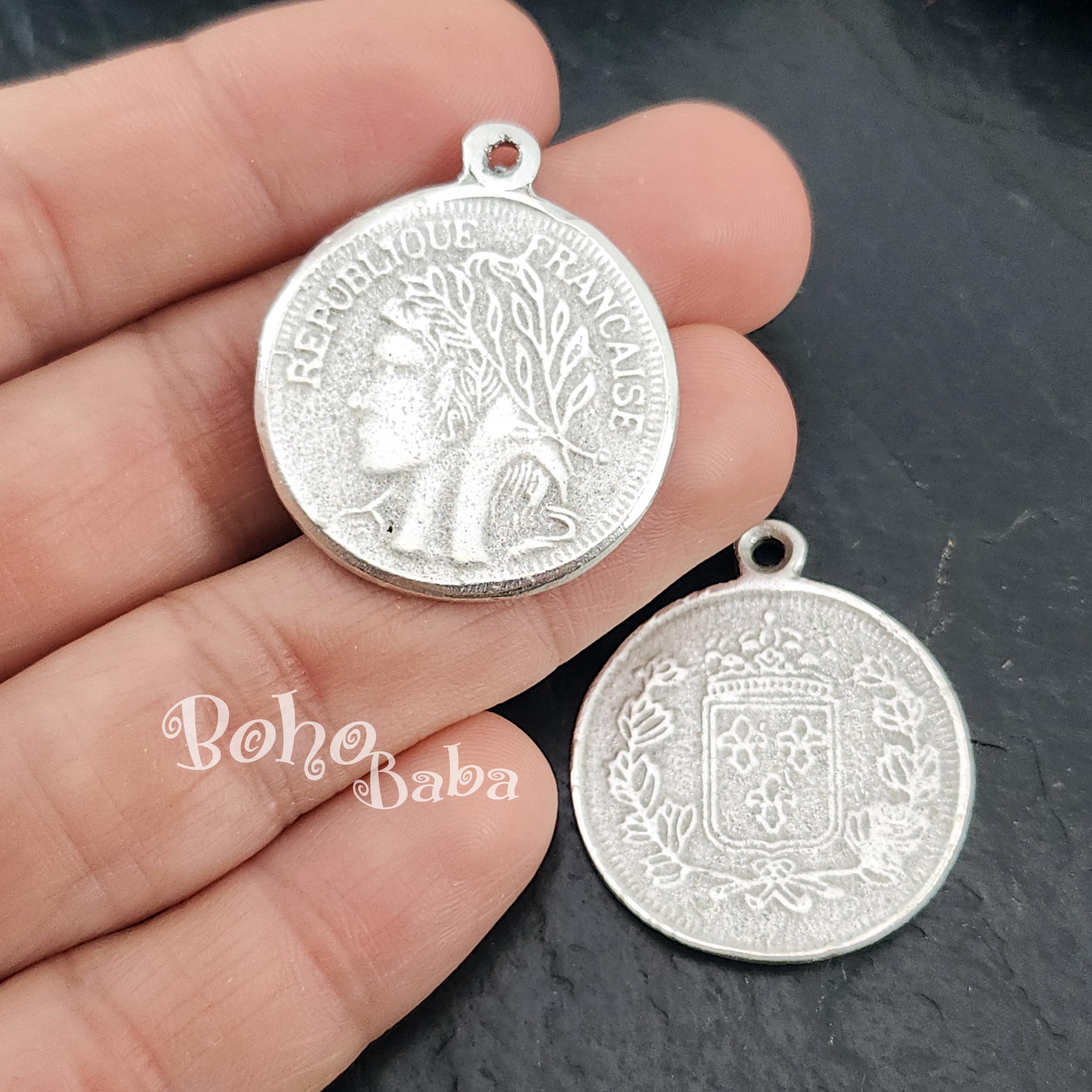 シルバー フレンチコインペンダント、フレンチコインメダリオン、ネックレス、コインジュエリー金具、大きなコインチャーム