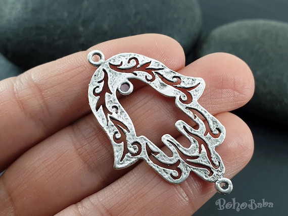 Silver Hamsa Connector Charm Large Hamsa Hand Pendant UK Jewelry Supplies Hamsa Findings 2 Pc