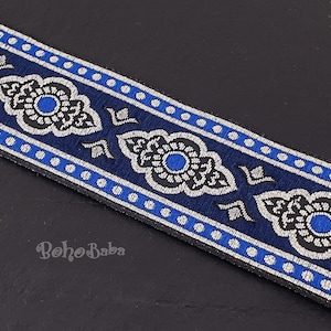 ブルー刺繍織りリボン、ジャカードリボン、幅32mm、ジャカードトリム、エスニックリボン、トライバルパターンリボン、1メートル - 1.09ヤード