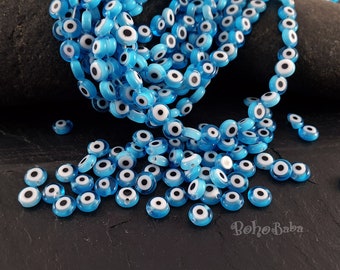 Blue Evil Eye Beads, 6mm Glass Beads, Evil Eye Beads, Flat Round Evil Eye Beads, Lampwork Beads, Evil Eye Jewelry, 40Pc