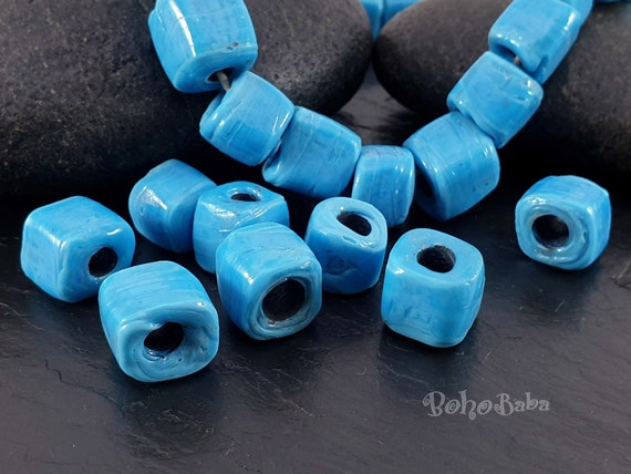 Blue Square Beads, Rustic Glass Cube Beads, Blue Glass Beads