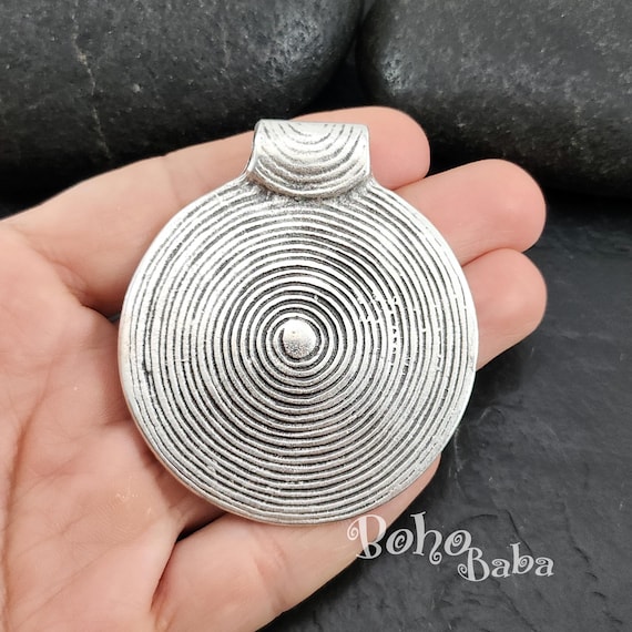 Large Silver Disc Pendant, Round Pendant, Silver Findings, Mandala Necklace, Large Silver Medallion, Tribal Pendant, Ethnic, Tribal Jewelry