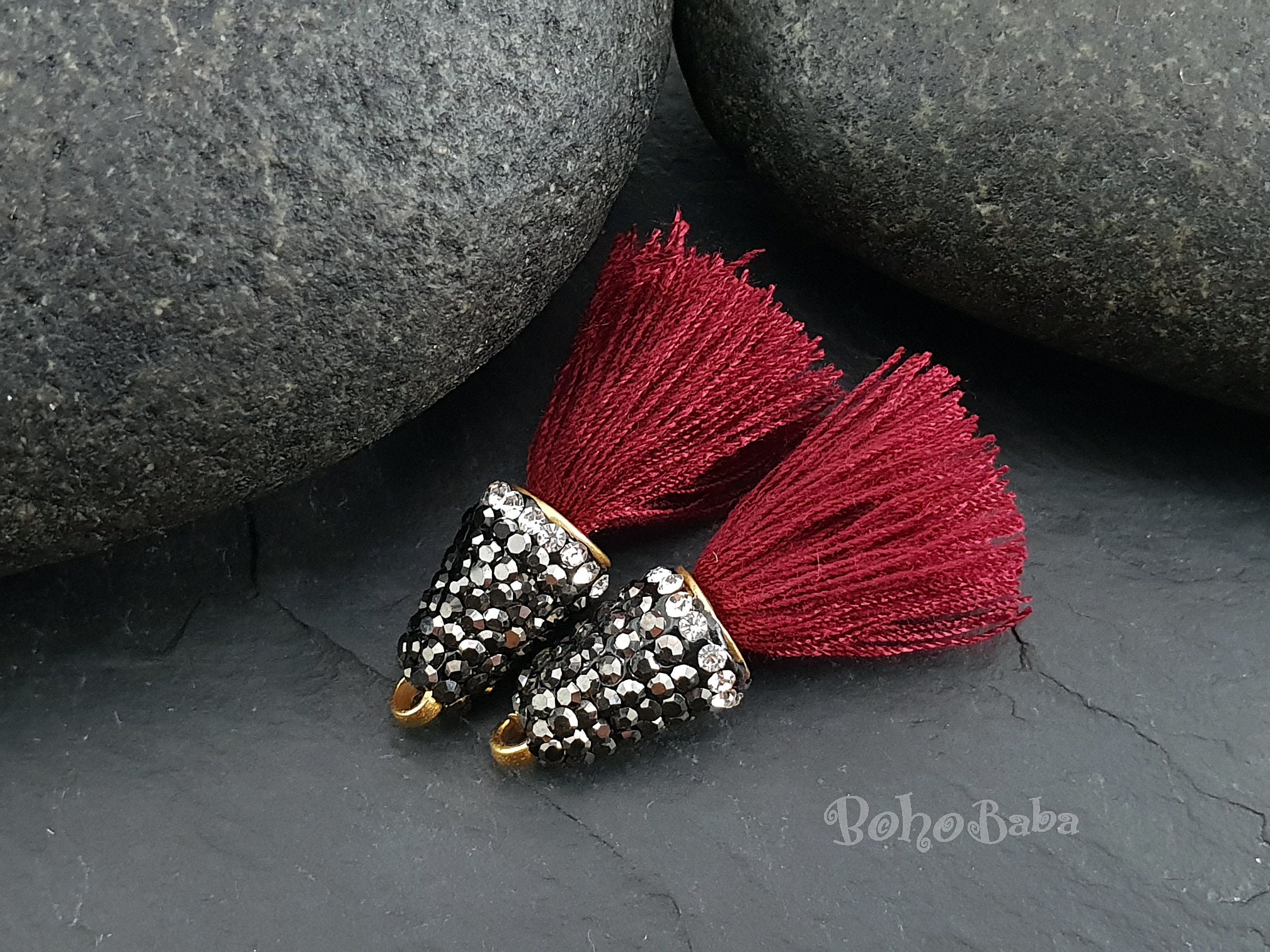 Burgundy Mini Cotton Tassels, Zirconia Pave Tassel Cap