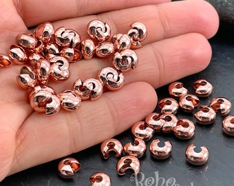 Crimp Bead Knot Covers, Knot Crimps, 7mm C Crimps, Rose Gold Plated Brass Crimps, Bead Stoppers, 15 Pc