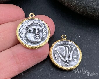 Greek Coin Pendant, Silver Helios Coin Charm, Ancient Greek Coin Findings, Roman Coin Pendant