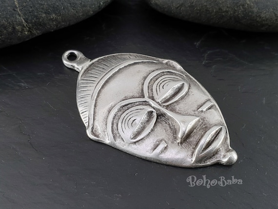 Large Silver Mask Pendant, Silver Face Pendant, Tribal Mask Pendant, African Face Charms, Silver Jewelry Findings, Ethnic Mask Pendant