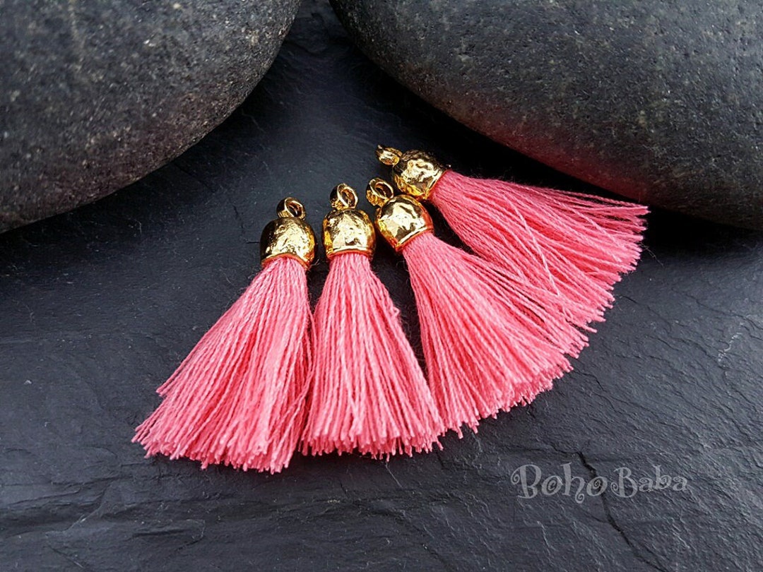 Pink Cotton Thread Tassels, Gold Tassel Jewelry, Mini Boho