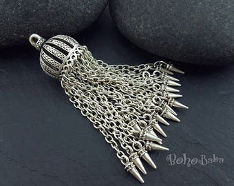 Antique Silver Plated Chain Tassel Pendant with Mini Spike Charms, Metal Tassel Charm