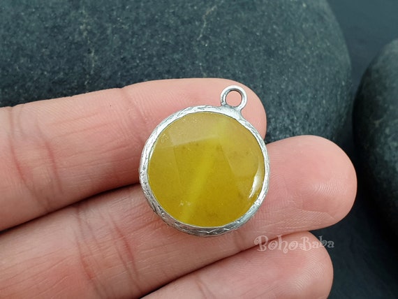 Citrine Yellow Jade Pendant Gemstone Charm Silver Plated