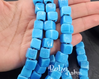 Blue Square Beads, Rustic Glass Cube Beads, Blue Glass Beads, Necklace Beads, Glass Pendant Beads, Turkish Lampwork Beads, Handmade Beads