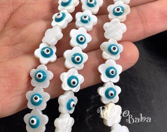 Mother of Pearl Flower Evil Eye Beads, Natural Freshwater Shell Beads with Enamel Evil Eye, 1 Strand